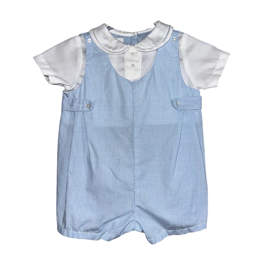 Petit Ami Baby Boys Blue Gingham Side Tab Peter Pan Collar Romper Size Newborn